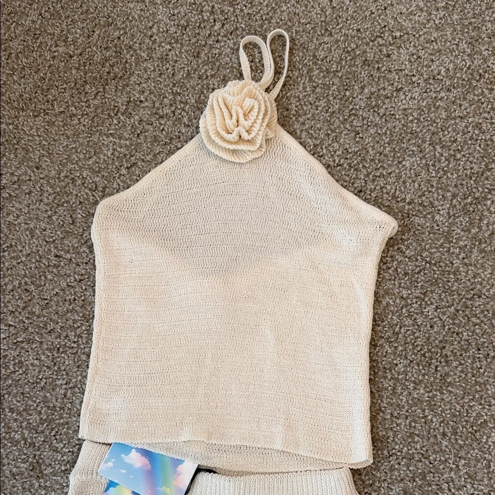 Cream Knit Halter Top with Flower Detail - Picture 1 of 6